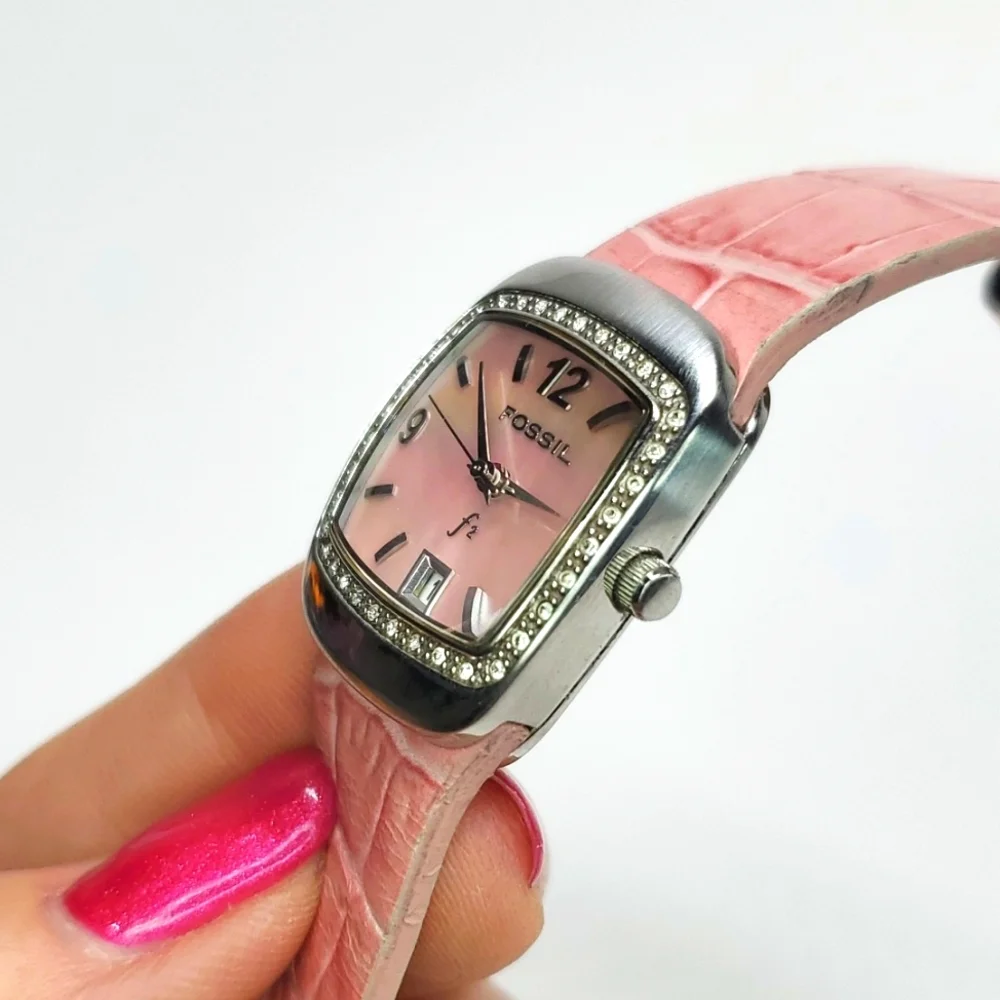 Vintage Fossil Watch F² ES9720 Salmon Leather Wristband Pink Mother of Pearl